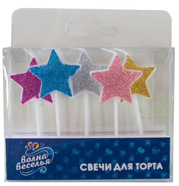 Набор свечей Звезда, Ассорти, с блестками, 2,5 см, 5 шт. с держат, ь132520