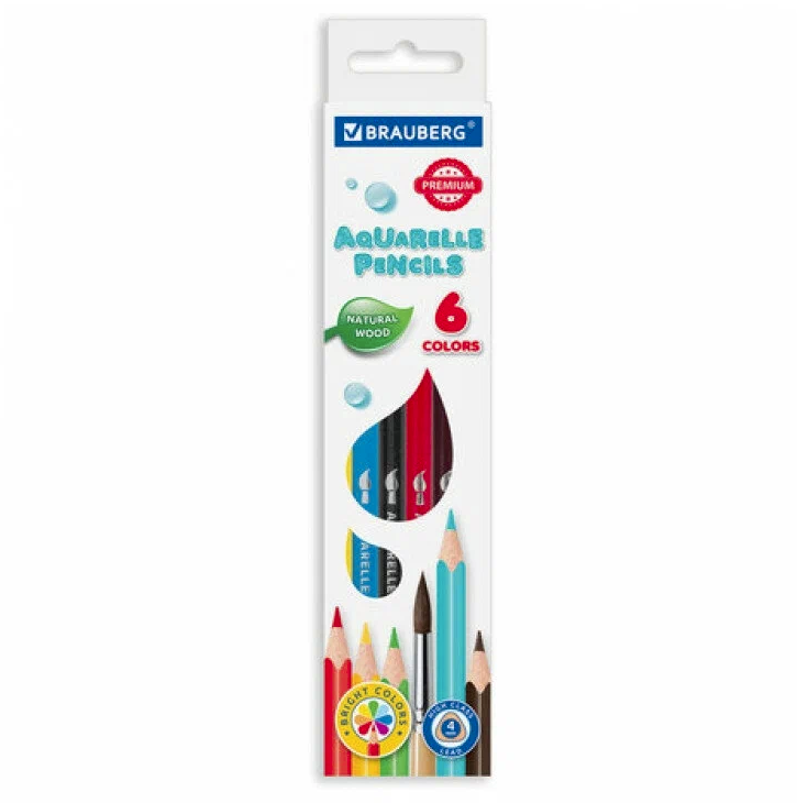 Карандаши цветные BRAUBERG PREMIUM AQUARELLE , 06  цветов , грифель мягкий 4 мм, 181670