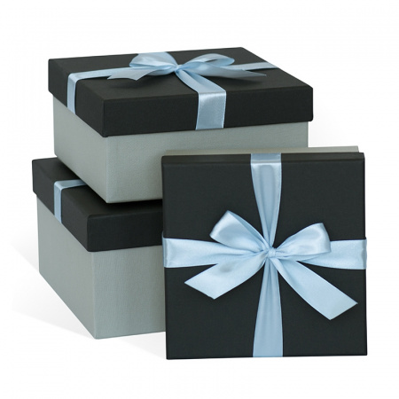 Коробка подарочная с бантом "Черный-серый", ромб, квадрат, 190х190х90 мм, (Серия 3в1), 3590