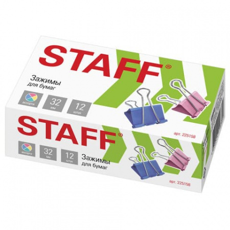 Зажимы для бумаг STAFF "Profit", КОМПЛЕКТ 12 шт., 32 мм, на 140 листов, цветные, картонная коробка