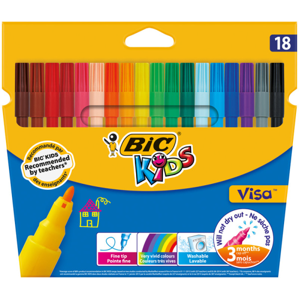 Фломастеры 18 цв. Bic 'Visa 880', смываемые, картон. уп., европодвес, 888681