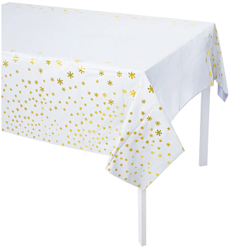 Скатерть одноразовая, Снежинки, Белый/Золото, Металлик, 137*183 см, 1 шт.